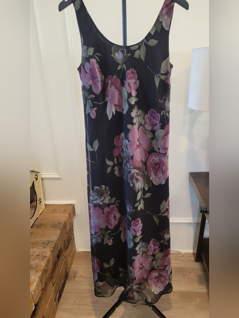 Vintage Virgo Black Maxi Dress with Pink Floral Pattern